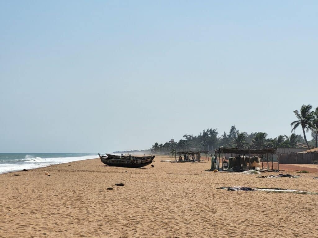 Plage de sable doré au Bénin, bordée de palmiers et d’abris de pêcheurs, avec des pirogues traditionnelles en bois reposant sur le rivage.