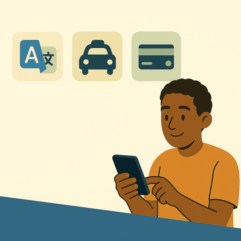 Un jeune homme utilise son smartphone, avec trois icônes au-dessus de lui représentant une traduction, un taxi et une carte bancaire, illustrant des services pratiques pour les voyageurs.