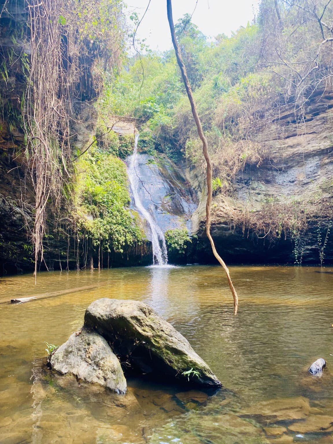 Petite cascade entourée de végétation luxuriante, se déversant dans un bassin naturel au cœur d'une forêt au Togo.