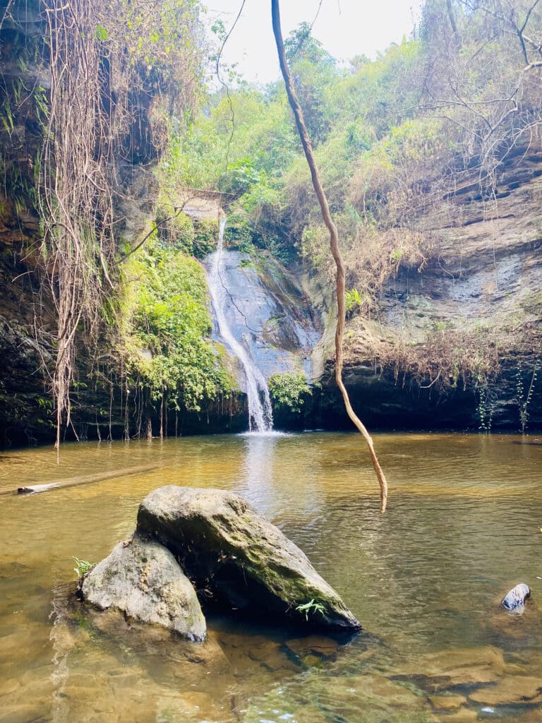 Petite cascade entourée de végétation luxuriante, se déversant dans un bassin naturel au cœur d'une forêt au Togo.