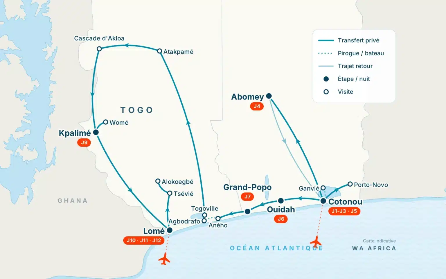 Carte de l’itinéraire du circuit Bénin et Togo, 13 jours : Cotonou, Ganvié, Abomey, Ouidah, Grand-Popo, Aného, Togoville, Atakpamé, Kpalimé, Lomé