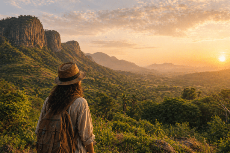 Silhouette d'une voyageuse avec sac à dos contemplant un vaste paysage montagneux sous une lumière dorée de fin de journée en Afrique de l'Ouest.