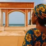 Une femme en tenue traditionnelle colorée regarde la Porte du Non-Retour à Ouidah, Bénin, un mémorial emblématique de la traite négrière, en bord d’océan.
