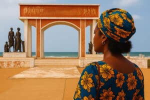 Une femme en tenue traditionnelle colorée regarde la Porte du Non-Retour à Ouidah, Bénin, un mémorial emblématique de la traite négrière, en bord d’océan.
