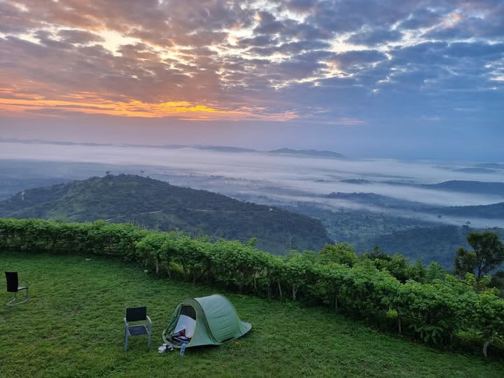 Campement en tente au lever du jour avec vue panoramique sur les montagnes verdoyantes et une mer de nuages dans les Plateaux du Togo.