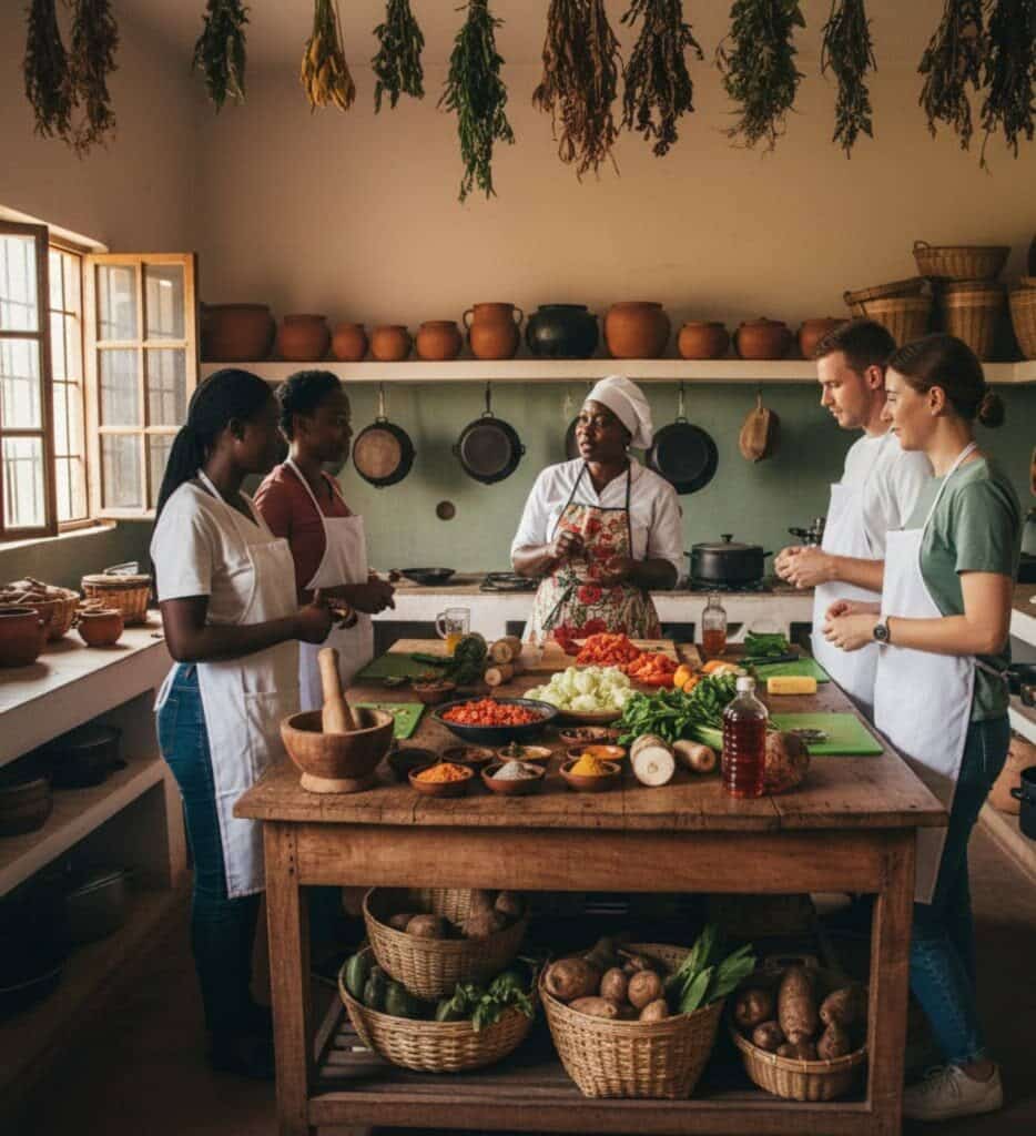 Cours de cuisine traditionnelle au Bénin avec une chef locale et des touristes préparant des produits frais.