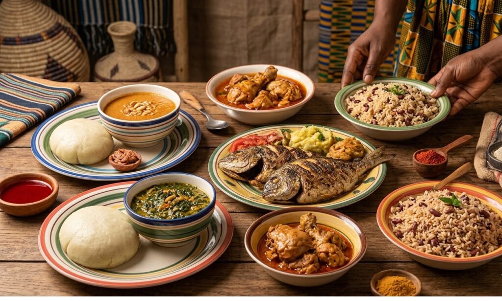 Plats typiques du Bénin avec pâte, sauces et poisson grillé