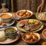 Plats typiques du Bénin avec pâte, sauces et poisson grillé