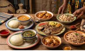 Plats typiques du Bénin avec pâte, sauces et poisson grillé