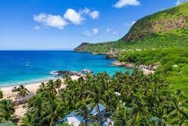 Vue panoramique d'une plage de sable blanc bordée d'une dense palmeraie verdoyante, avec une eau turquoise cristalline et une montagne escarpée en arrière-plan sous un ciel bleu parsemé de nuages au Cap-Vert.