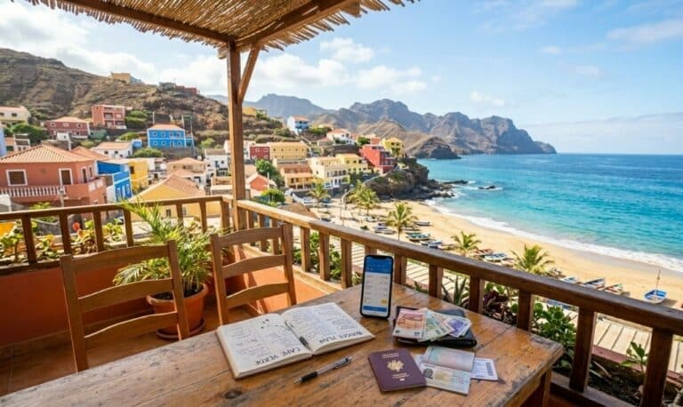 Vue depuis une terrasse en bois surplombant un village coloré et une plage au Cap-Vert, avec sur une table un carnet ouvert titré « Budget Plan », un passeport, des billets de banque et un smartphone affichant une application bancaire.