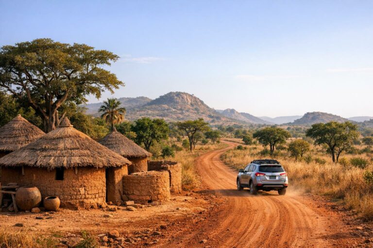 Véhicule tout-terrain circulant sur une piste de terre rouge à côté d'une habitation traditionnelle Tata Somba en terre avec toits de chaume dans la savane du Nord-Bénin.