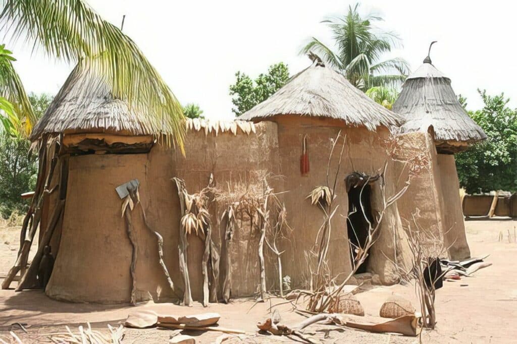 Vue rapprochée d'un Tata Somba traditionnel en terre avec des toits de chaume dans la région de l'Atacora au Bénin.