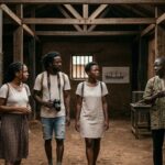 Un guide local présente l'histoire d'un lieu de mémoire à des visiteurs dans une structure historique en terre battue avec des chaînes anciennes aux murs.