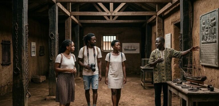 Un guide local présente l'histoire d'un lieu de mémoire à des visiteurs dans une structure historique en terre battue avec des chaînes anciennes aux murs.
