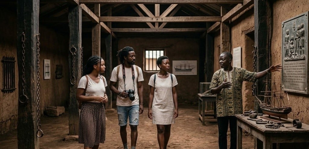 Un guide local présente l'histoire d'un lieu de mémoire à des visiteurs dans une structure historique en terre battue avec des chaînes anciennes aux murs.
