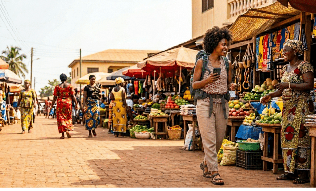 Femme voyageant seule au Bénin dans un environnement sécurisé et accueillant
