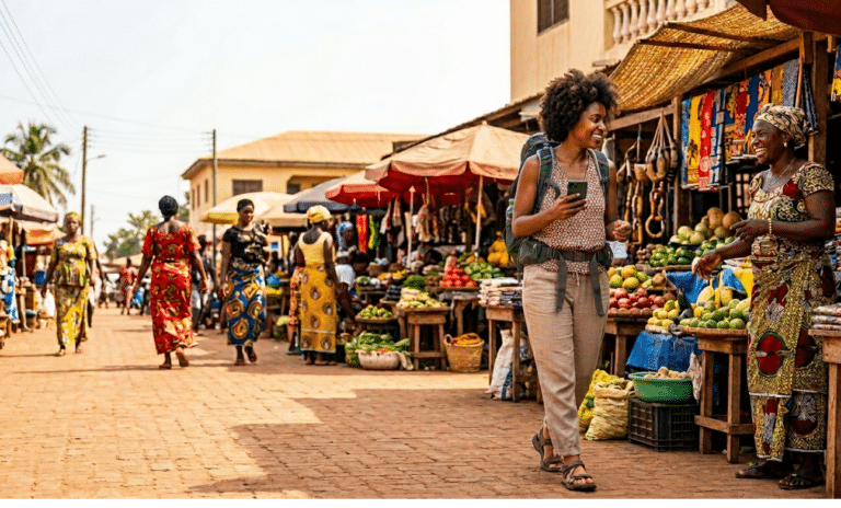 Femme voyageant seule au Bénin dans un environnement sécurisé et accueillant