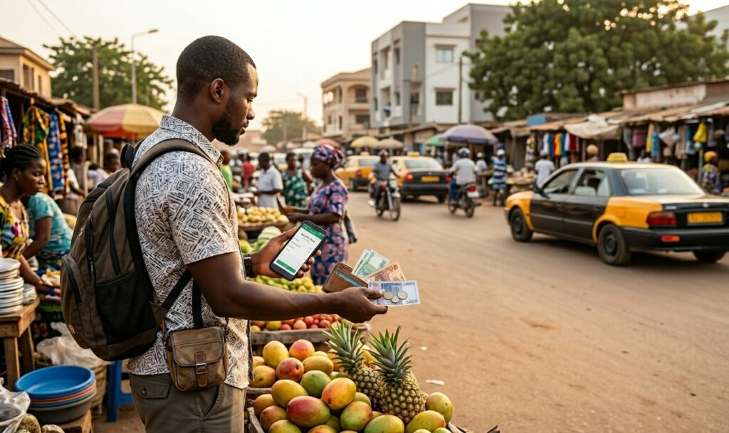 Un voyageur consultant son téléphone et tenant des billets de banque devant un étal de fruits au Togo.