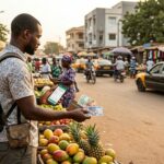 Un voyageur consultant son téléphone et tenant des billets de banque devant un étal de fruits au Togo.