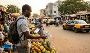Un voyageur consultant son téléphone et tenant des billets de banque devant un étal de fruits au Togo.