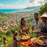 Groupe de personnes en tenues colorées partageant des fruits tropicaux sur une colline surplombant une baie au Togo.