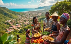 Groupe de personnes en tenues colorées partageant des fruits tropicaux sur une colline surplombant une baie au Togo.