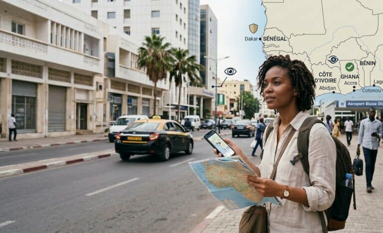 Une voyageuse afro-descendante avec sac à dos consulte une carte papier et son smartphone dans une rue moderne de Dakar, avec une incrustation de carte de l'Afrique de l'Ouest montrant le Sénégal, la Côte d'Ivoire, le Ghana et le Bénin avec des icônes de sécurité.