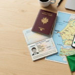 Passeport, smartphone avec simulateur de visa, carte et drapeau du Sénégal sur une table