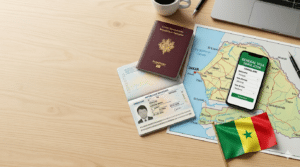 Passeport, smartphone avec simulateur de visa, carte et drapeau du Sénégal sur une table