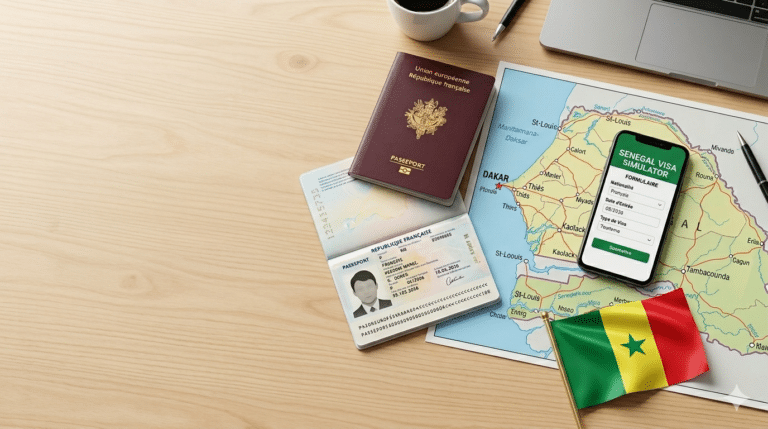 Passeport, smartphone avec simulateur de visa, carte et drapeau du Sénégal sur une table