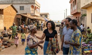 Afro-descendants en voyage au Bénin échangeant avec des habitants locaux dans un cadre culturel authentique
