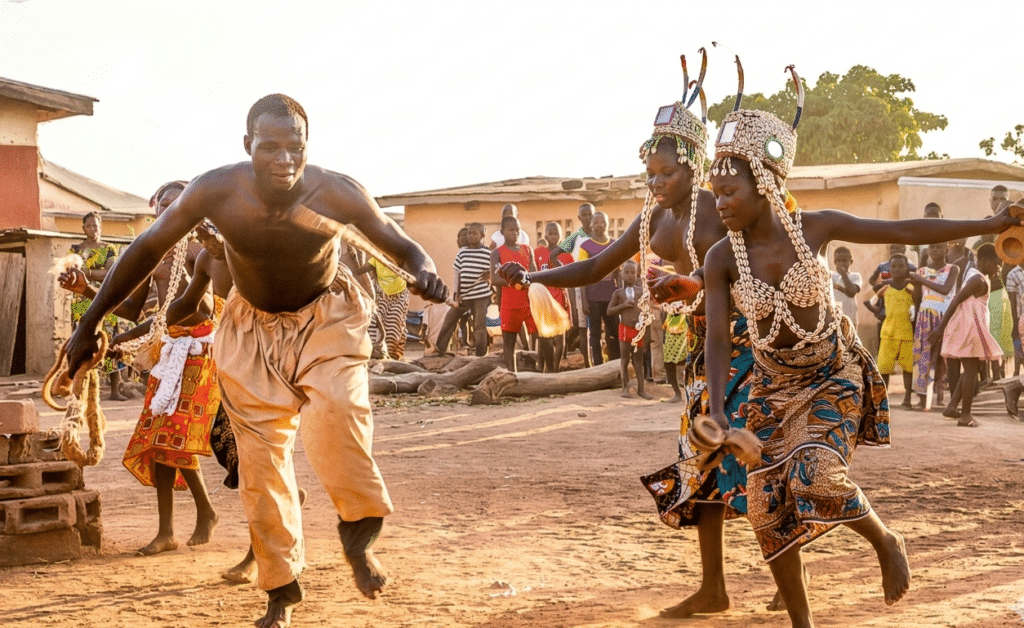 Danseurs traditionnels Dioula en costumes de fête exécutant une danse communautaire rythmée en Côte d'Ivoire.