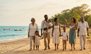 Une famille élargie de sept personnes de plusieurs générations marche ensemble de front le long d'une esplanade côtière en Afrique.
