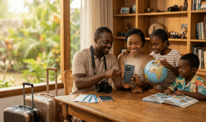 Une famille de quatre personnes prépare son voyage autour d'une table en bois. La mère montre l'écran de son smartphone affichant une liste de contrôle, tandis que le père montre l'écran du doigt. À côté d'eux, une jeune fille fait tourner un globe terrestre et un jeune garçon parcourt un livre de voyage ouvert. Sur la table sont posés une carte routière, des billets d'avion et des passeports. Deux valises sont prêtes à côté de la table, dans un salon lumineux.