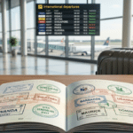 Un passeport béninois ouvert affichant de nombreux tampons de visa et d'entrée, posé sur une table d'aéroport avec un tableau de départs internationaux en arrière-plan.