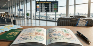 Un passeport béninois ouvert affichant de nombreux tampons de visa et d'entrée, posé sur une table d'aéroport avec un tableau de départs internationaux en arrière-plan.