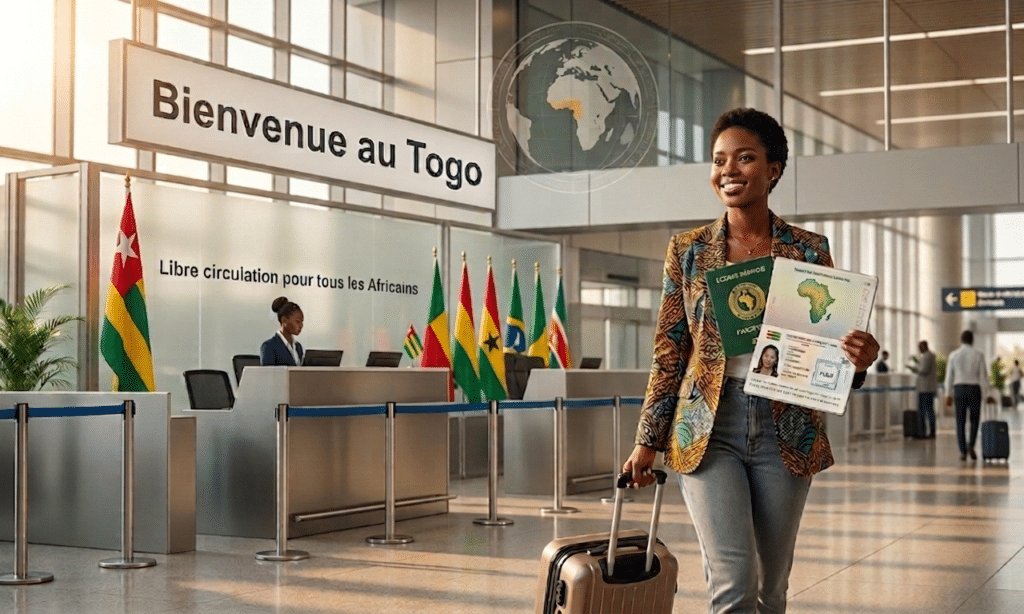 Vue rapprochée d'un passeport africain tamponné posé sur des documents de voyage officiels à l'aéroport de Lomé.