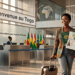 Vue rapprochée d'un passeport africain tamponné posé sur des documents de voyage officiels à l'aéroport de Lomé.