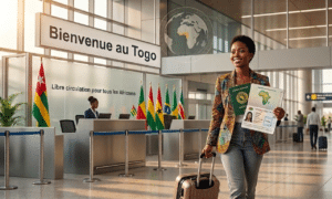 Vue rapprochée d'un passeport africain tamponné posé sur des documents de voyage officiels à l'aéroport de Lomé.
