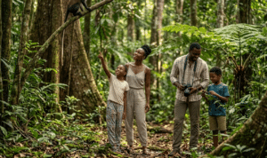 Une famille afro-descendante de quatre personnes en tenue de randonnée observe la faune et la flore luxuriante du Parc National de Taï en Côte d’Ivoire, sous une lumière naturelle filtrée par les arbres.