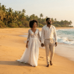 Un jeune couple afro-descendant, fraîchement marié, marche main dans la main sur le sable doré d'une plage sauvage de Grand-Popo au Bénin, au coucher du soleil. L'épouse porte une robe blanche de mariée légère et élégante, et l'époux vêt une tenue de lin claire. L'océan Atlantique et des cocotiers tropicaux forment un arrière-plan romantique et intimiste.