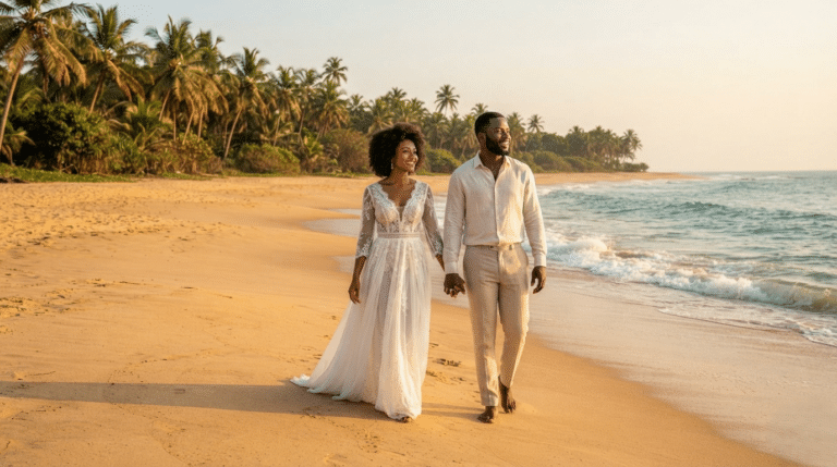 Un jeune couple afro-descendant, fraîchement marié, marche main dans la main sur le sable doré d'une plage sauvage de Grand-Popo au Bénin, au coucher du soleil. L'épouse porte une robe blanche de mariée légère et élégante, et l'époux vêt une tenue de lin claire. L'océan Atlantique et des cocotiers tropicaux forment un arrière-plan romantique et intimiste.