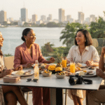 Quatre jeunes femmes afro-descendantes, élégantes et complices, partagent un déjeuner convivial sur une terrasse chic d'Abidjan, en Côte d'Ivoire. En arrière-plan, une vue panoramique sur la lagune Ébrié et le paysage urbain moderne du Plateau. Elles sont entourées de plats de gastronomie ivoirienne, de fruits tropicaux et d'un appareil photo.