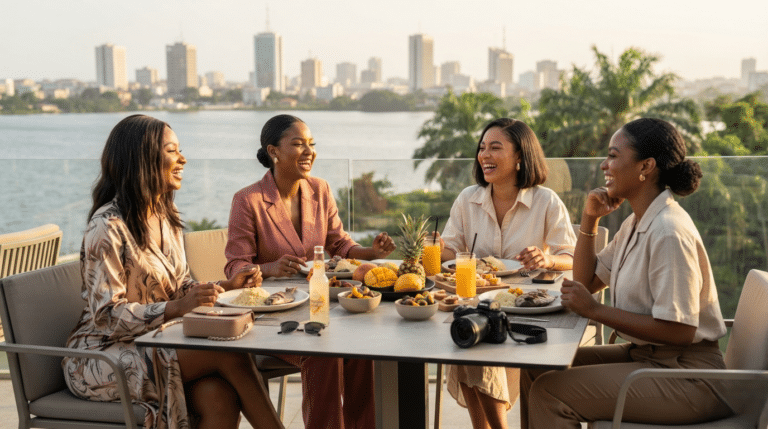 Quatre jeunes femmes afro-descendantes, élégantes et complices, partagent un déjeuner convivial sur une terrasse chic d'Abidjan, en Côte d'Ivoire. En arrière-plan, une vue panoramique sur la lagune Ébrié et le paysage urbain moderne du Plateau. Elles sont entourées de plats de gastronomie ivoirienne, de fruits tropicaux et d'un appareil photo.