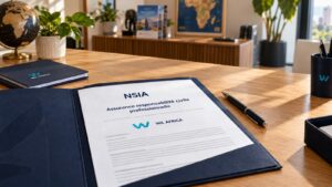 Dossier d'assurance responsabilité civile professionnelle de l'agence Wa Africa posé sur un bureau