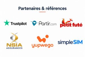 Partenaires & références entouré des logos de Trustpilot, Partir.com, Petit Futé, NSIA Assurances, Yupwego et simpleSIM.