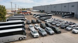 Large parking sécurisé au Bénin avec sa flotte de bus climatisés et SUV de location.