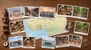 Photos de voyage sur une table en bois, présentant des lieux historiques, la culture et l'artisanat du Bénin, du Togo et du Ghana, avec une carte centrale de l'Afrique de l'Ouest.